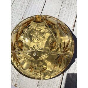 Vtg MCM Anchor Hocking Amber Glass Footed Candy Bowl Gold Nut Dish stars pattern